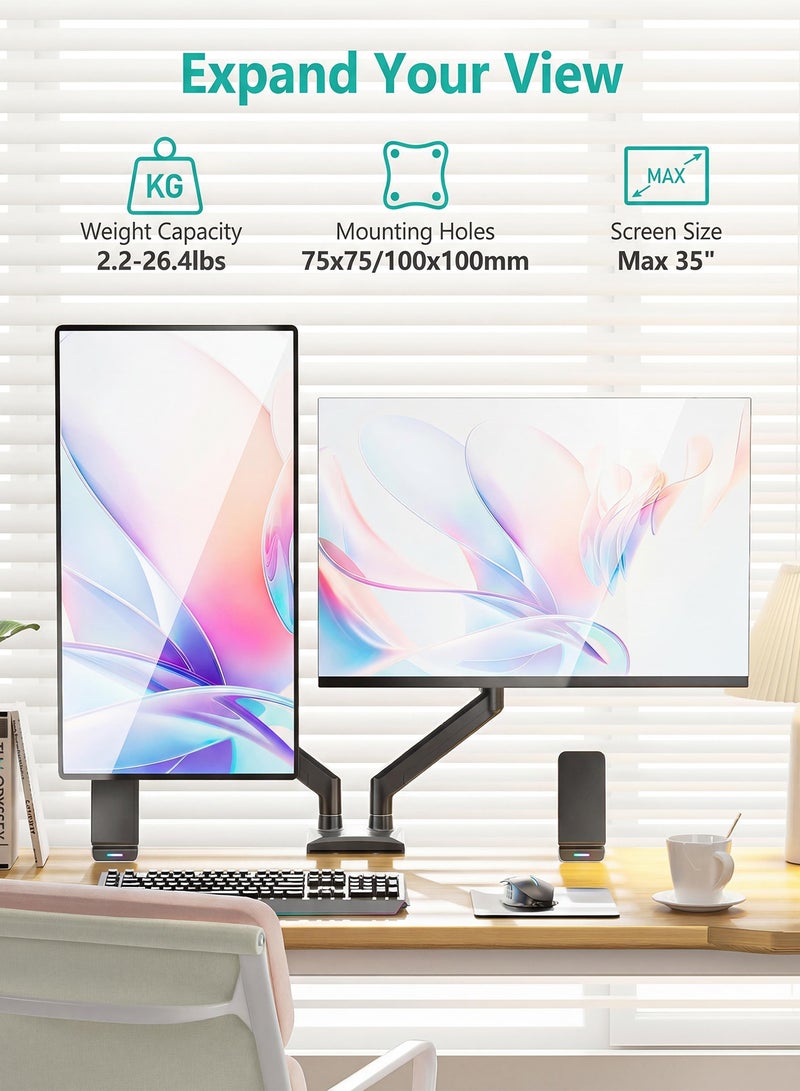 OSSO Dual Monitor Stand Gas Spring Adjustable Monitor Arm for 13 to 35 Inch Screen Support 26 LBS Heavy Duty Monitor Mount Vesa 75x75 100x100 with C Clamp Grommet Base Double Desk Mount for Gaming Computer Home Office - Image 5